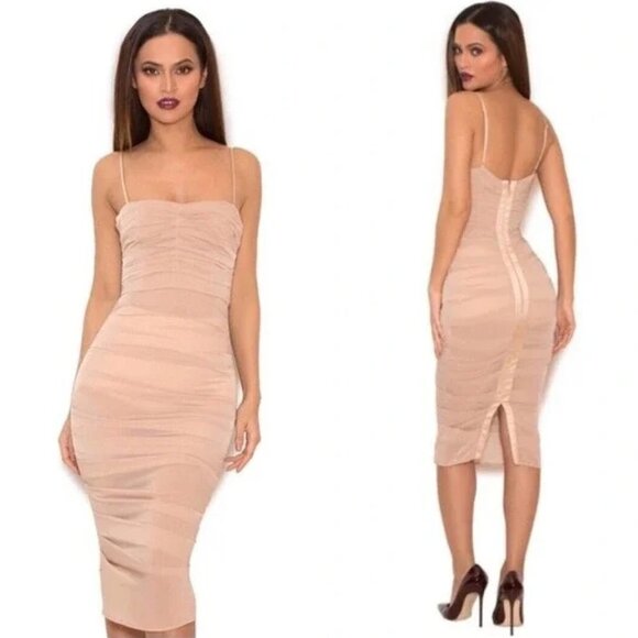 House of CB Railea Nude Taupe Corset Ruched Midi Sheer Chiffon Dress - Picture 1 of 7